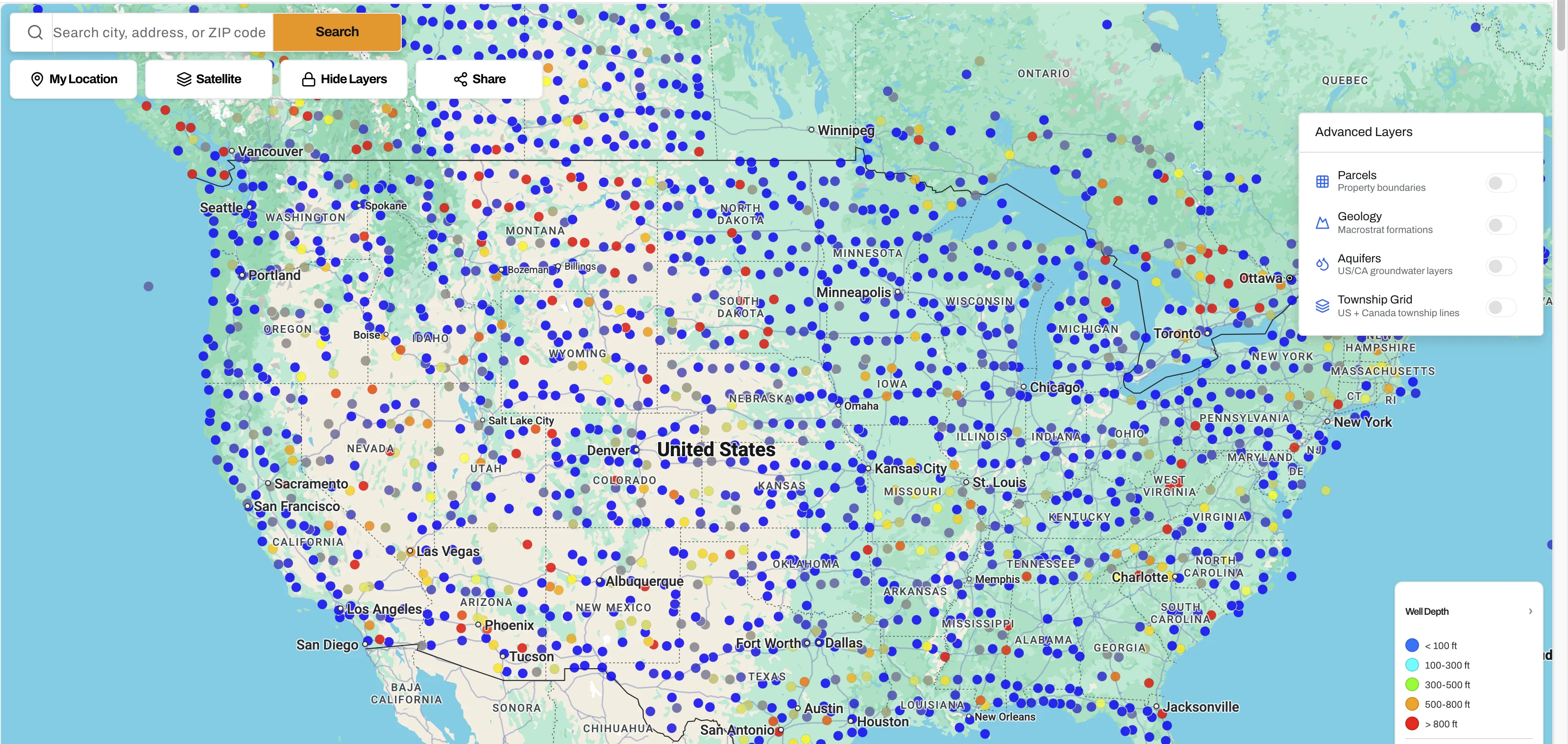 DrillerDB’s national well map, showing recorded wells across the United States and southern Canada.